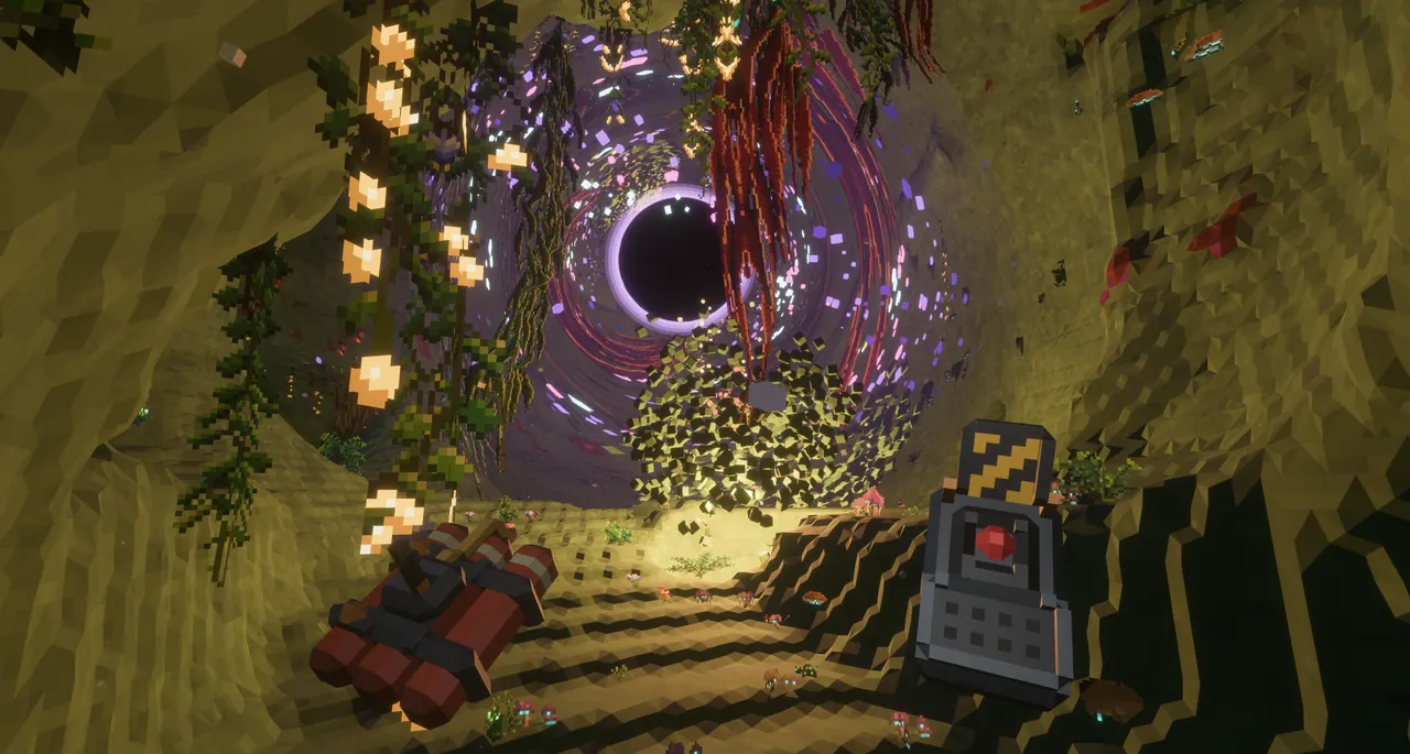 A glowing black hole at the end of a cave tunnel