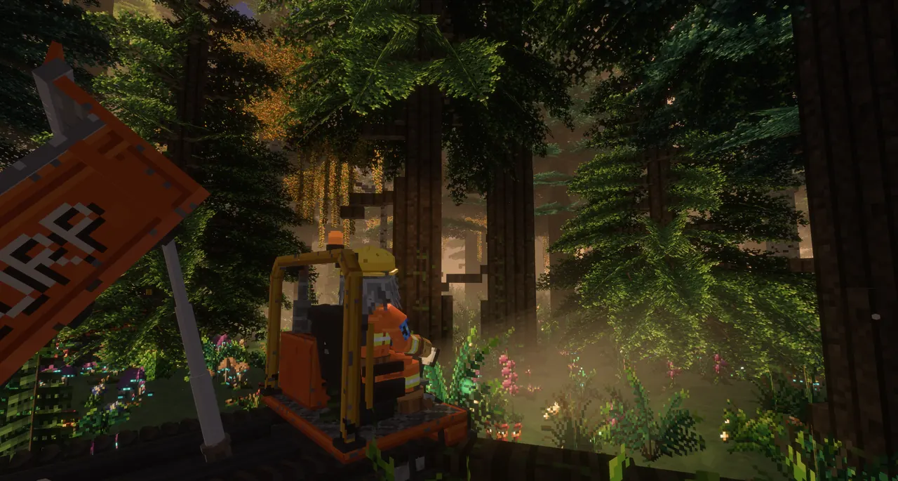 The forest yard up top with a VOIDCORP sign and a quad bike
