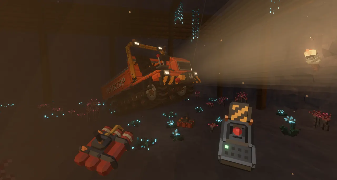 A tracked VOIDCORP carrier in a cave of glowing creatures